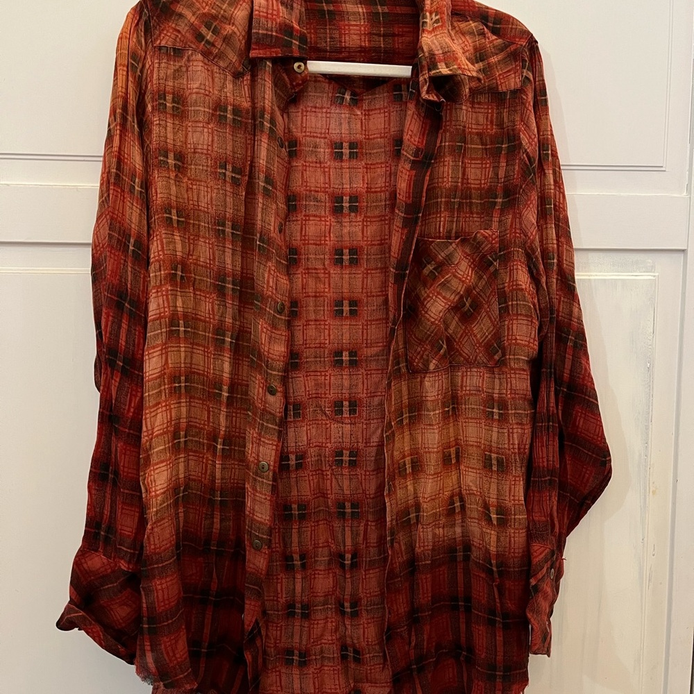 FP One Oversided Rustic Rust Plaid Button-Up Shirt